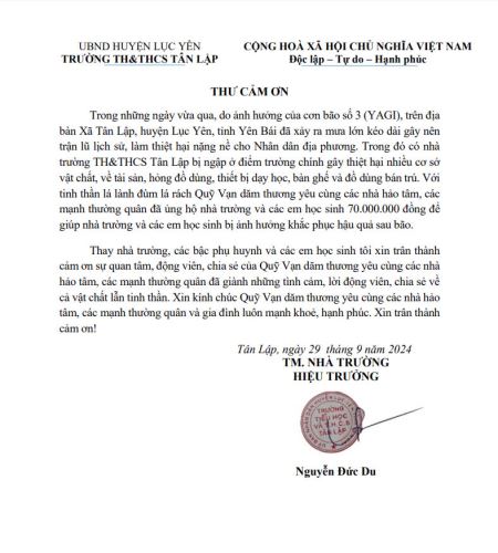 Thư cảm ơn của Trường THCS Tân Lập, Yên Bái