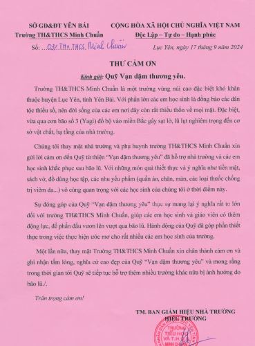 Thư cảm ơn củaTrường THCS Minh Chuẩn, Yên Bái